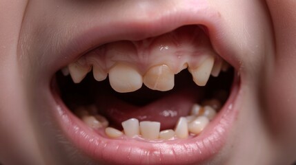 Ugly smile. Closeup open mouth with very bad crooked teeth, caries. Dental problems with oral hygiene. 