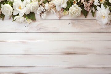 Beautiful flowers on white wooden background. Flat lay, top view