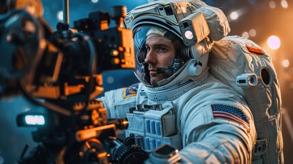 Creative Agency Filming a Video Commercial with an Actor Wearing an Astronaut Costume and is Floating in Outer Space. Backstage 
