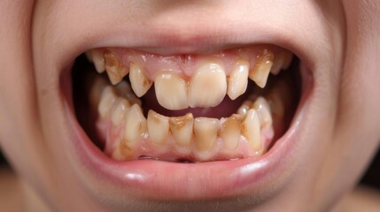 Ugly smile. Closeup open mouth with very bad crooked teeth, caries. Dental problems with oral hygiene. 