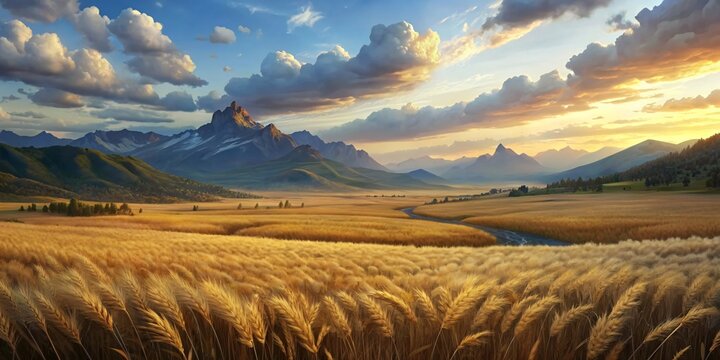 Beautiful summer landscape. Wheat field and mountain range. Sunrise.