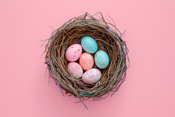 Fototapeta premium A birds nest with pastel Easter eggs, each uniquely painted with unique pattern on a solid background