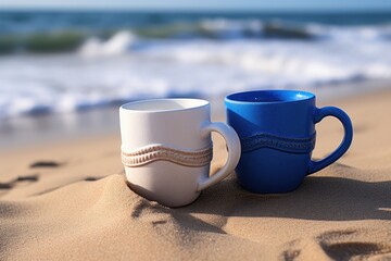 Fototapeta na wymiar Two cups of coffee on the sandy beach near the sea