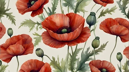 Tuinposter red poppy flowers on light pastel background, watercolor style © Badi