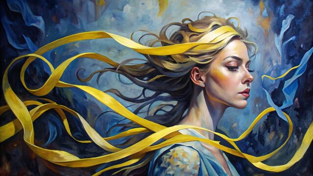 Portrait of a beautiful girl with long hair and yellow ribbons, oil color painting