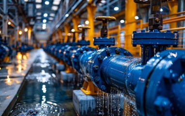 Water pump valves ensure clean water supply in power substations, servicing vast industrial estates with essential pipes and fittings. - obrazy, fototapety, plakaty