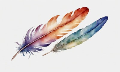 Watercolor feathers isolated on white background. Hand-drawn illustration.