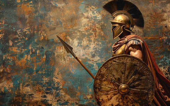 Spartan king demigod, clad in golden armor, wields spear and shield with battle-worn grunge backdrop.