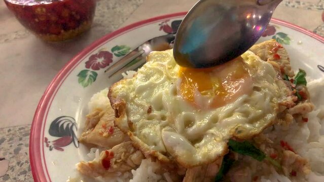 March 8, 2024 - Bangkok, Thailand. A classic Thai dish, Pad Krapow Gui, also known in English as stir fried holy basil chicken. This dish was served over rice with a soft fried egg on top.