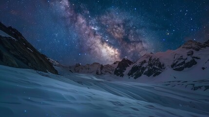 Starry sky with Milky Way over Morteratsch Glacier in Bernina Group, St Moritz, Engadine, Grisons, Switzerland, Europe