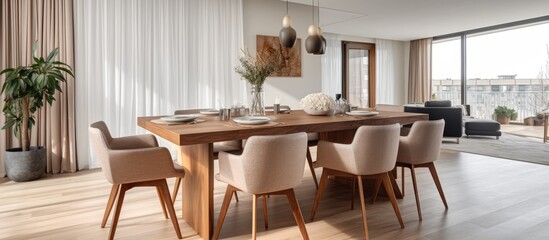 A dining room featuring a spacious wooden table and matching beige chairs neatly arranged around it. The setting exudes elegance and sophistication,