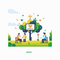 Minimalist UI illustration of people sitting on park benches, talking and laughing under an oak tree with a small billboard in the center that says 