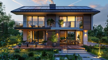Fototapeta premium A digital transformation of a suburban house with solar panels appearing on the roof. Installation of Clean Energy Saving Green Eco Solution. Concept of Eco-Renewable Power and a Healthy Environment