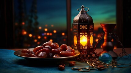 Ramadan kareem: still life with dates, rosary beads, and arabic lantern under crescent moon - cultural and religious image

