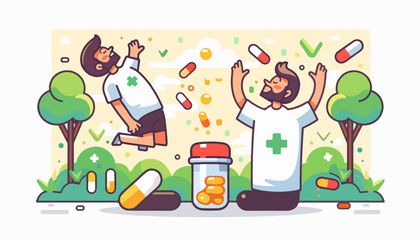 Man with beard happy in park, woman jumping up and down on the ground, medical cross and pills around him, simple vector illustration, line art, flat design, white background