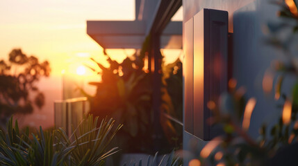 Fototapeta premium Wall-mounted battery in California home glows with advanced technology. Wall-mounted battery in home captures warm sun, emphasizing eco-efficiency.