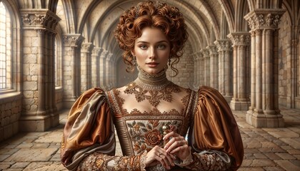 woman history illustration. fantasy renaissance. wallpaper design style