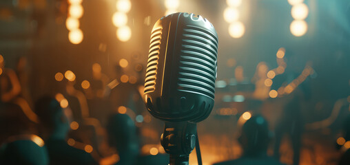 Classic Microphone Ready for Performance on Stage - obrazy, fototapety, plakaty