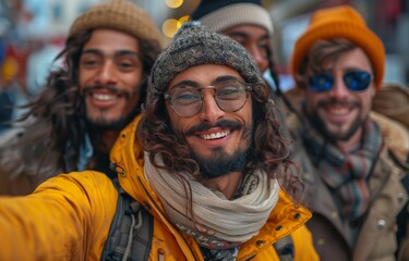 A group of various friends took a selfie in a city, laughing and having fun together. A group of multi-ethnic young people celebrated life with cheerful smiles. The idea of friendship, diversity, yout