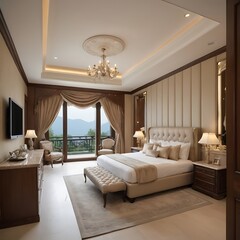 Hotel room or bedroom with double bed and garden views