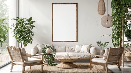 Stylish Frame Mockup: Transform your living space with this sleek ISO A paper size poster mockup against a modern house backdrop. Elevate your interior effortlessly!