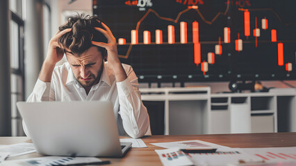 Businessman stressed and shocked while looking at the market crash and recession. Business loss concept with red graph and chart going downwards showing crash and negativity