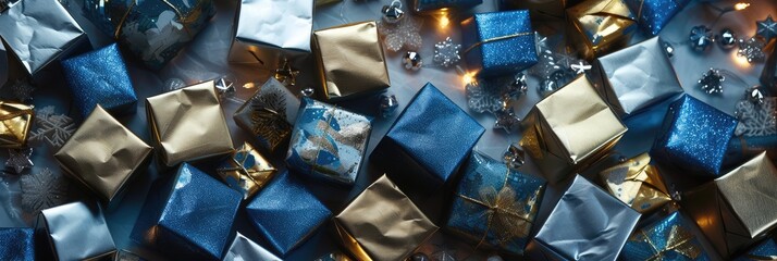 Assorted Blue and Gold Gifts Festive Background - obrazy, fototapety, plakaty