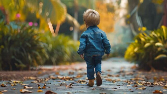 Adorable little boy walking in the park on a sunny autumn day