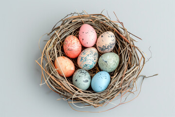Obraz premium A birds nest with pastel Easter eggs, each uniquely painted with unique pattern on a solid background