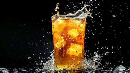 A glass of iced tea is placed on the table with water splashes in the background, Ai generated Images