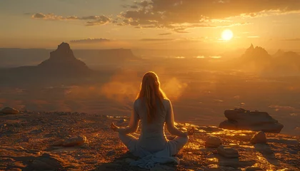 Foto op Plexiglas emotional balance - a young woman meditating in a lonely desert landscape with a calming wellness rhythm © Riverland Studio