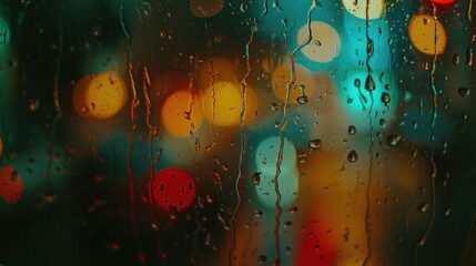 Colorful Blurred City Lights on Rain-Drenched Window