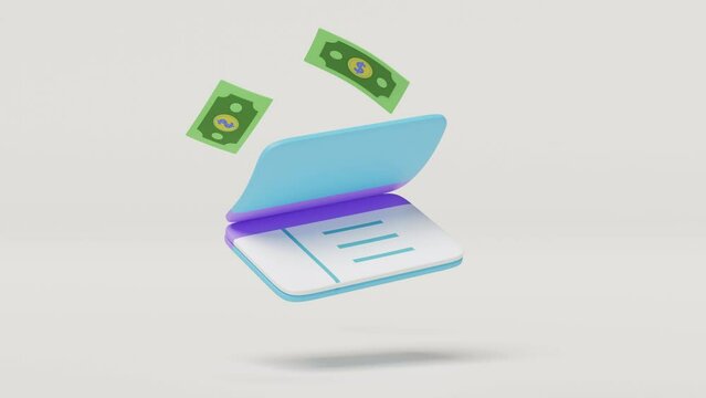 3d bank account open book, passbook with money banknotes flying isolated. saving money, financial business, banking payment concept, 3d render illustration, alpha channel