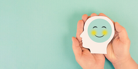 Happy smiling face, mental health concept, positive thinking and attitude, emotion, support and...