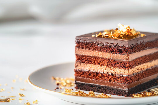 delicious Chocolate Opera Cake  a plate with a slice of layered chocolate opera cake