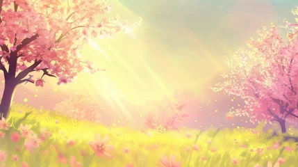 Tuinposter Serene Spring Sunrise Amidst Blossoming Trees © evening_tao