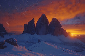 Majestic Sunset Over Snow-Covered Mountain Peaks Under a Starry Sky