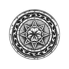 Ancient Medieval European Round Metal Decorated Shield. Print or Tattoo Design. Vintage Hand Drawn Vector Illustration