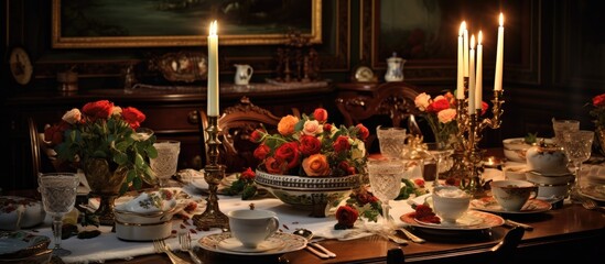 An elegant dining room table is beautifully set with a bouquet of flowers and flickering candles, creating a warm and inviting atmosphere for a meal.