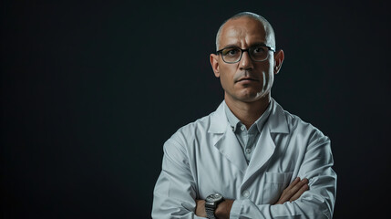 Obraz premium Confident in his medical attire against a dark backdrop, the man exudes professionalism and expertise, a beacon of knowledge and care.