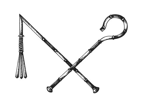 Crook and Flail Heka and Nekhakha Symbols of Authority of Ancient Egyptian Pharaoh. Print or Tattoo Design. Vintage Hand Drawn Vector Illustration