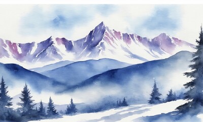 Watercolor winter landscape with mountains, pine trees and blue sky.