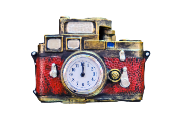 A camera with a clock instead of a lens is a concept of a time machine, isolated on a white background. Red gift transfers to the past or future.
