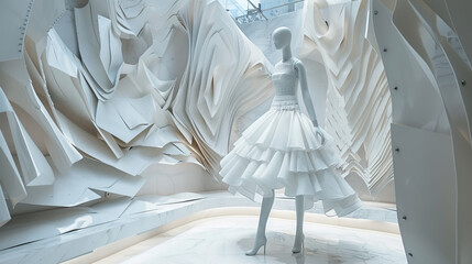 A white dress adorns the mannequin, a symbol of elegance and purity. Its fabric whispers tales of grace and sophistication, captivating all who behold.