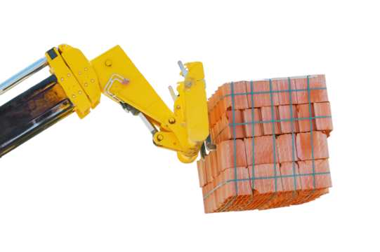 Supply packing bricks crane on the unfinished building, isolated on a white background