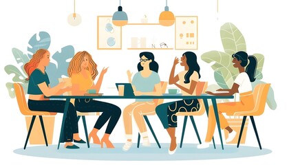 Many women at the table talking at a business meeting in a cafe, applauding