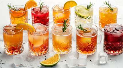 Set of twelve different cocktails on white background