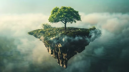 Rolgordijnen A small island with a tree levitating in the sky. Generative AI. © serg3d