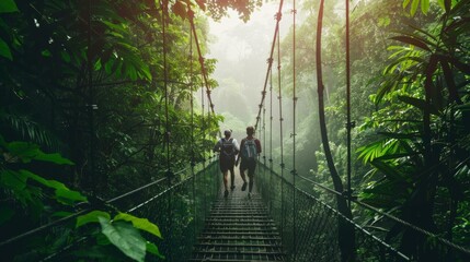 Two people walking across a suspension bridge in the jungle. Generative AI.