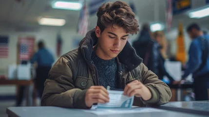 Deurstickers Image of a handsome young man filling out a ballot next to a voting booth on national election day in the United States. © sirisakboakaew